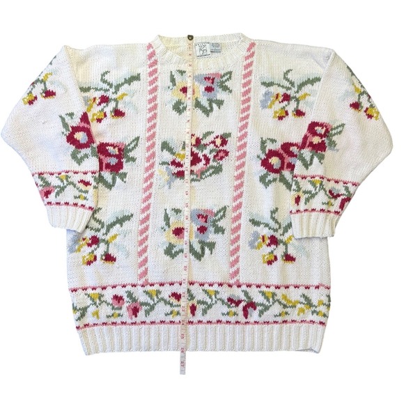 Vintage Kristin Paige floral knit sweater L cottagecore ramie cotton tapestry - Picture 4 of 5